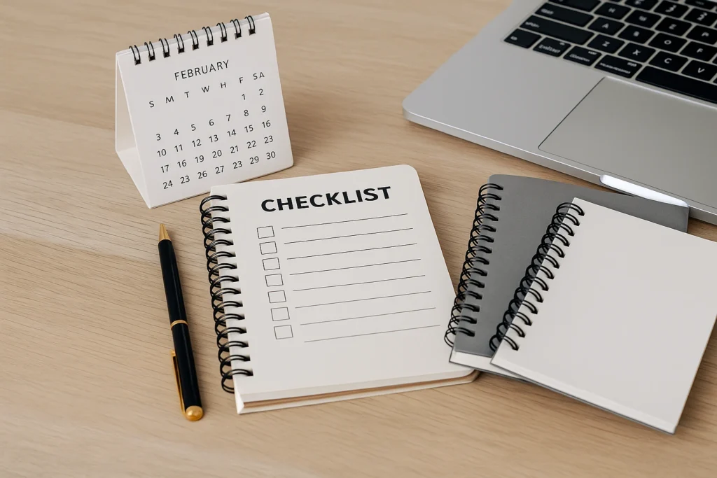 A calendar, checklist, and resources arranged neatly on a desk to organize cloud kitchen operations.