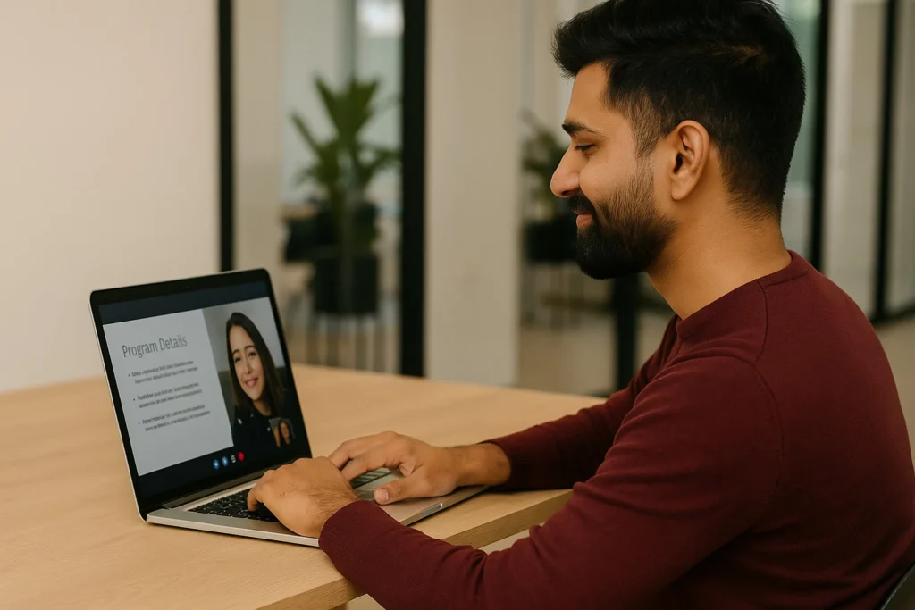 Young Indian entrepreneur attending a 1-on-1 cloud kitchen coaching session via Zoom.